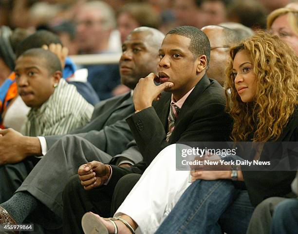 New York Knicks vs. New York Nets at Madison Square Garden. First half, Ja Rule, Magic Johnson, Jay-Z and Beyonce.