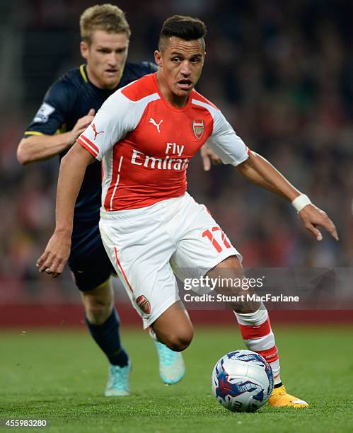 Alexis Sanchez of Arsenal during the Capital One Cup Third Round match between Arsenal and Southampton at Emirates Stadium on September 23, 2014 in...