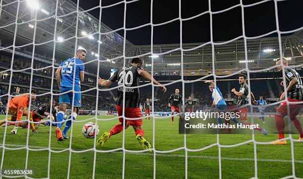 Jannik Vestergaard of Hoffenheim scores his team's third goal during the Bundesliga match between TSG 1899 Hoffenheim and SC Freiburg at Wirsol...