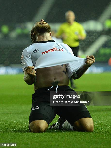 Johnny Russell of Derby celebrates his goal during the Capital One Cup Third Round match between Derby County and Reading at Pride Park Stadium on...