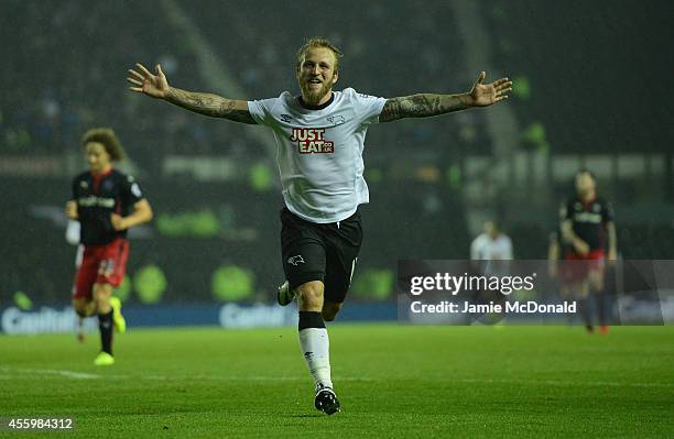 Johnny Russell of Derby celebrates his goal during the Capital One Cup Third Round match between Derby County and Reading at Pride Park Stadium on...