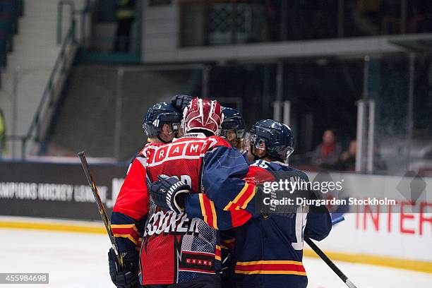 Djurgarden celebrating 3-0 goal during the Champions Hockey League group stage game between Djurgarden Stockholm and PSG Zlin on September 23, 2014...