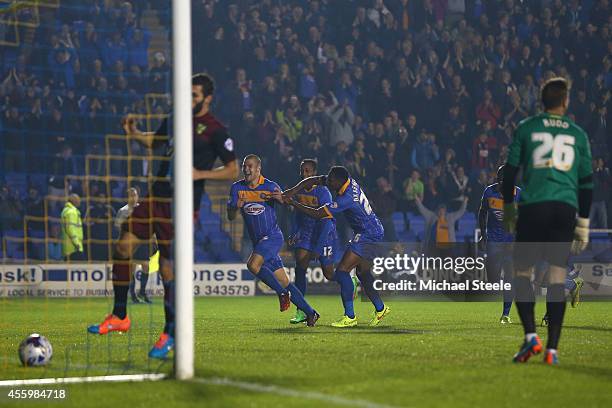 James Collins of Shrewsbury Town celebrates scoreing the opening goal during the Capital One Cup Third Round match between Shrewsbury Town and...