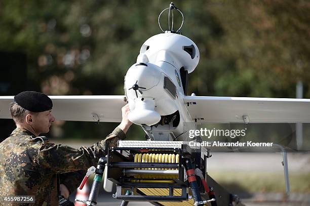 The drone "LUNA" is pictured during the annual military exercises at the Bundeswehr training ground on September 23, 2015 near Munster, Germany. The...