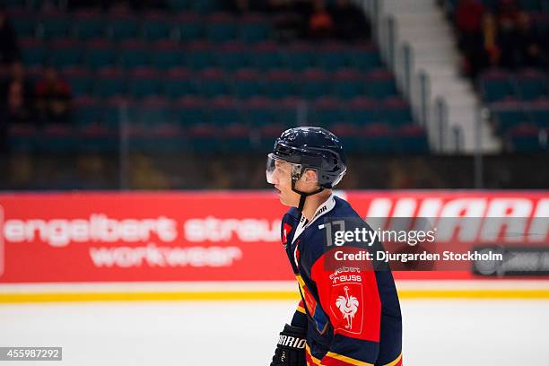 Erik Nystrom of Djurgarden reacts during the Champions Hockey League group stage game between Djurgarden Stockholm and PSG Zlin on September 23, 2014...