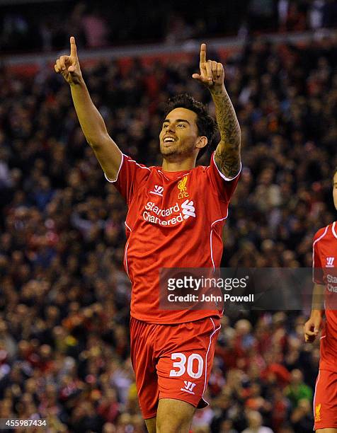 Suso of Liverpool celebrates his goal during the Capital One Cup Third Round match between Liverpool and Middlesbrough at Anfield on September 23,...