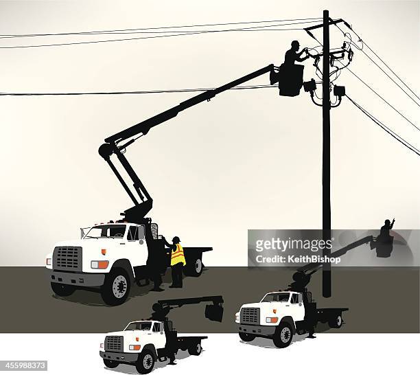 bucket truck, electrician, power line - telephone line stock illustrations