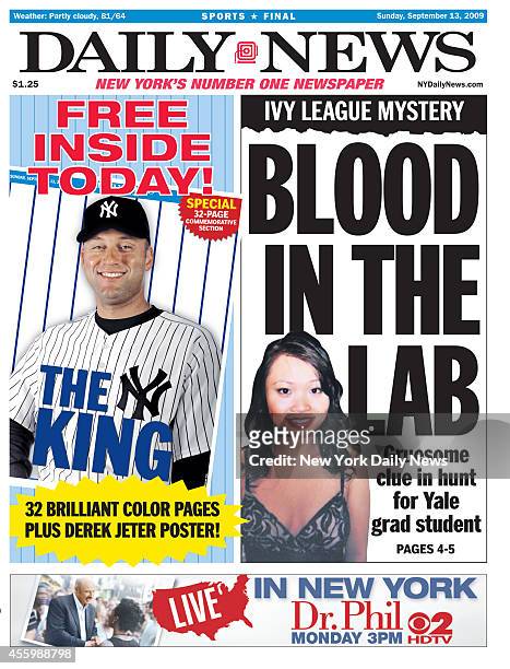 Daily News front page September 13, 2009 - Headline: IVY LEAGUE MYSTERY - BLOOD IN THE LAB, Gruesome clue in hunt for Yale grad student. Annie Le-...