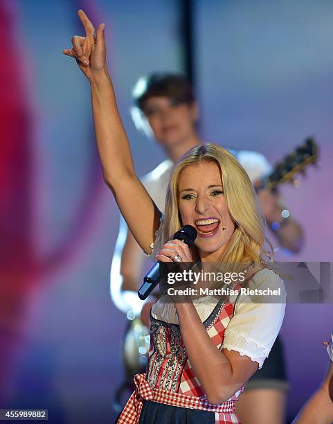 Stefanie Hertel performs during the rehearsal of the tv show 'Stefanie Hertel - Meine Stars' on September 23, 2014 in Zwickau, Germany.