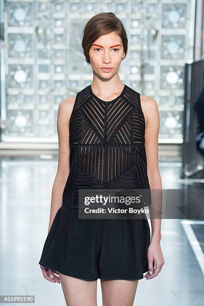 Model walks the runway during the Christine Phung show as part of the Paris Fashion Week Womenswear Spring/Summer 2015 on September 23, 2014 in...