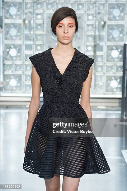 Model walks the runway during the Christine Phung show as part of the Paris Fashion Week Womenswear Spring/Summer 2015 on September 23, 2014 in...