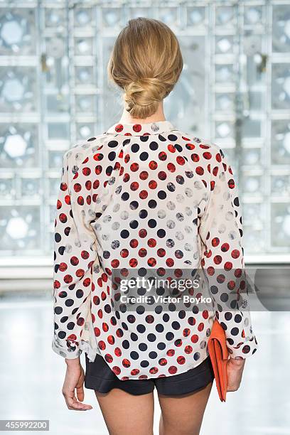 Model walks the runway during the Christine Phung show as part of the Paris Fashion Week Womenswear Spring/Summer 2015 on September 23, 2014 in...