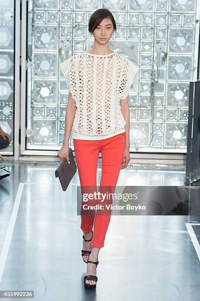 Model walks the runway during the Christine Phung show as part of the Paris Fashion Week Womenswear Spring/Summer 2015 on September 23, 2014 in...