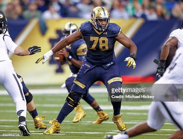 Ronnie Stanley of the Notre Dame Fighting Irish moves to block during the game against the Purdue Boilermakers at Lucas Oil Stadium on September 13,...