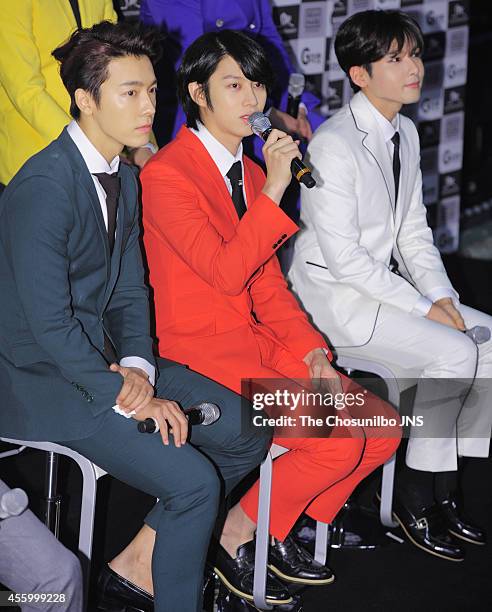 Super Junior attend their world tour "SUPER SHOW 6" press conference at Jamsil sports complex on September 21, 2014 in Seoul, South Korea.
