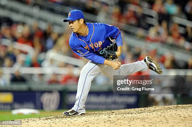 Daisuke Matsuzaka of the New York Mets pitches in the eighth inning against the Washington Nationals at Nationals Park on September 23, 2014 in...