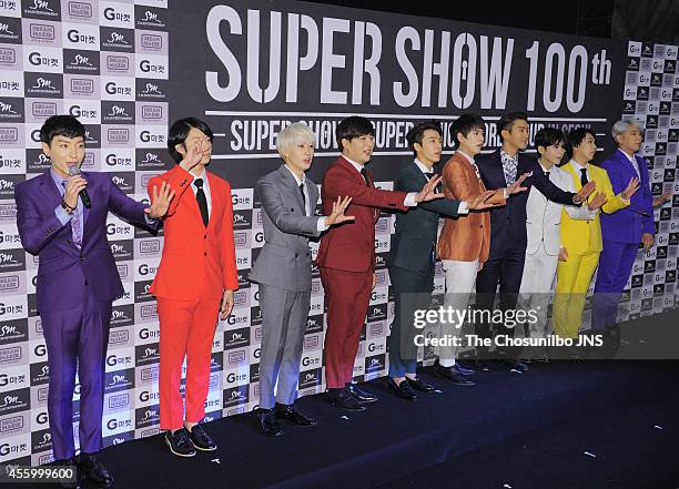 Super Junior attend their world tour "SUPER SHOW 6" press conference at Jamsil sports complex on September 21, 2014 in Seoul, South Korea.