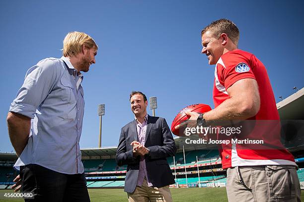 Lewis Roberts-Thomson, Jude Bolton and Ryan O'Keefe speak during a Sydney Swans AFL media session at Sydney Cricket Ground on September 24, 2014 in...