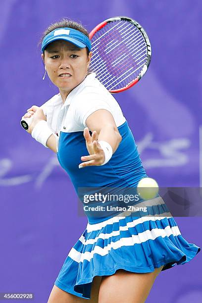 Chan Yung Jan of Chinese Taibei returns a shot during the Women's Team Gold Medal Match against Duan Yingying of China on day five of the 2014 Asian...