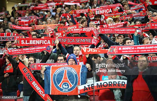 Supporters of Benfica during the UEFA Champions League match between SL Benfica and Paris Saint-Germain FC at the Estadio de la Luz stadium on...