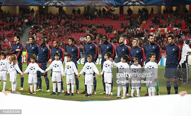 Team prior to the UEFA Champions League match between SL Benfica and Paris Saint-Germain FC at the Estadio de la Luz stadium on December 10, 2013 in...