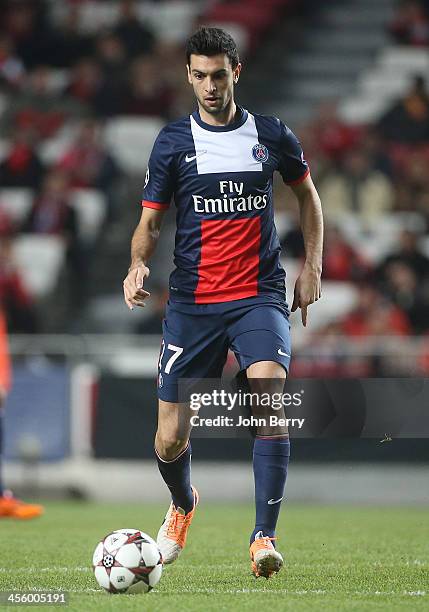 Javier Pastore of PSG in action during the UEFA Champions League match between SL Benfica and Paris Saint-Germain FC at the Estadio de la Luz stadium...