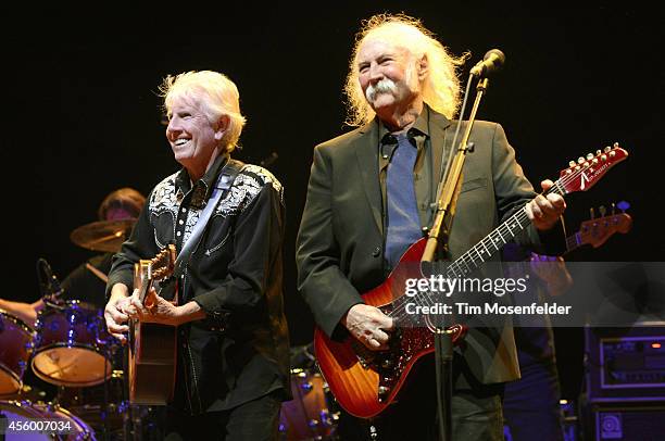 Graham Nash and David Crosby of Crosby, Stills & Nash perform at Red Rocks Amphitheatre on September 23, 2014 in Morrison, Colorado.