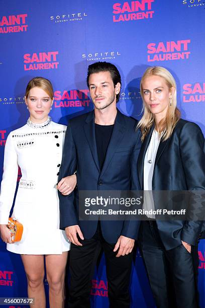 Team of the movie actors Lea Seydoux , Gaspard Ulliel and Aymeline Valade attend the 'Saint Laurent' movie premiere at Centre Pompidou on September...