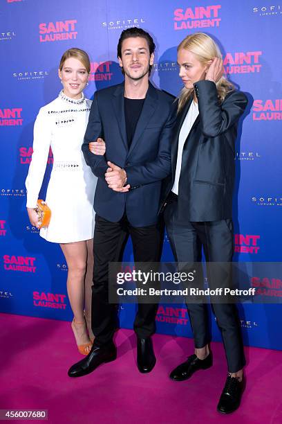 Team of the movie actors Lea Seydoux , Gaspard Ulliel and Aymeline Valade attend the 'Saint Laurent' movie premiere at Centre Pompidou on September...