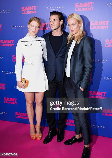 Team of the movie actors Lea Seydoux , Gaspard Ulliel and Aymeline Valade attend the 'Saint Laurent' movie premiere at Centre Pompidou on September...