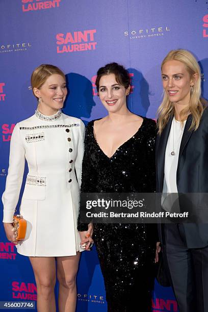 Team of the movie actors Lea Seydoux , Gaspard Ulliel and Aymeline Valade attend the 'Saint Laurent' movie premiere at Centre Pompidou on September...