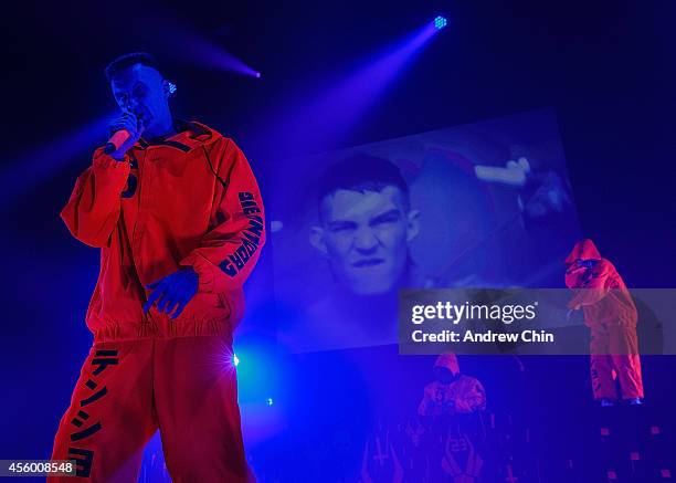Ninja, DJ Hi-Tek and Yo-Landi Vi$$er of Die Antwoord perform on stage at PNE Forum on September 23, 2014 in Vancouver, Canada.