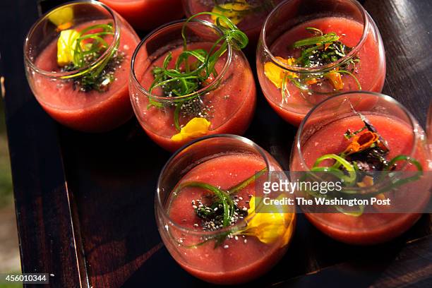 Fresh gazpacho is served for an evening of entertainment at the home of Greta De Keyser and Bart Vandaele's home in Alexandria, Virginia on September...