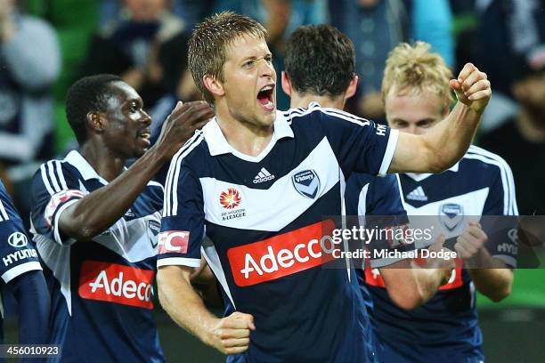 Adrian Leijer of the Victory celebrates their second goal during the round 10 A-League match between the Melbourne Victory and Perth Glory at AAMI...
