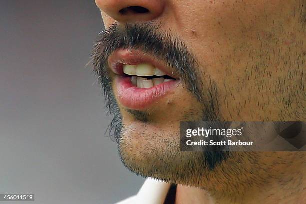 Detail of the moustache of Mitchell Johnson of Australia during day five of Second Ashes Test Match between Australia and England at Adelaide Oval on...