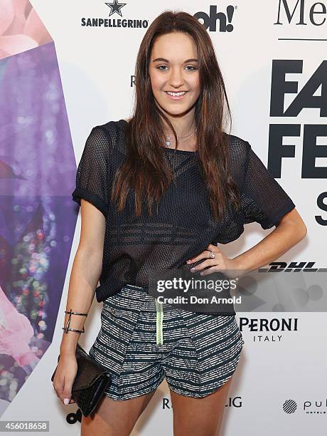 Chloe Papandrea arrives at the MB Presents Australian Style show during Mercedes-Benz Fashion Festival Sydney at Sydney Town Hall on September 24,...