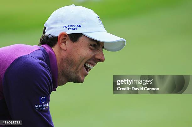Rory McIlroy of Europe laughs during practice ahead of the 2014 Ryder Cup on the PGA Centenary course at the Gleneagles Hotel on September 24, 2014...