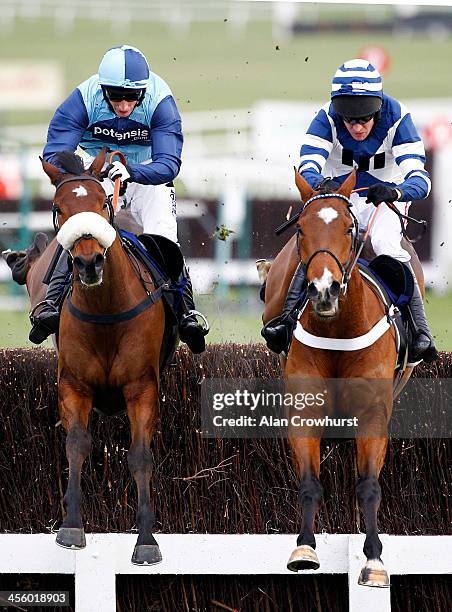Barry Geraghty riding Oscar Whisky clear the last to win The Ryman Stationary Cheltenham Business Club Novices' Steeple Chase from Daryl Jacob riding...