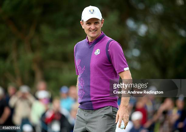 Justin Rose of Europe smiles during practice ahead of the 2014 Ryder Cup on the PGA Centenary course at the Gleneagles Hotel on September 24, 2014 in...