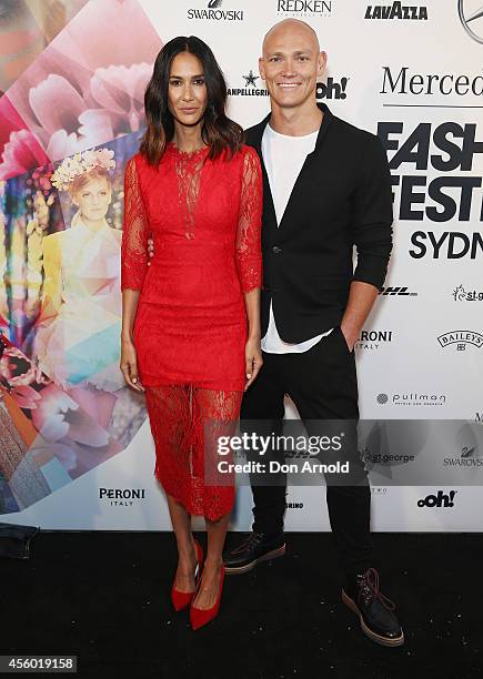 Lindy Klim and Michael Klim arrive at the MB Presents Australian Style show during Mercedes-Benz Fashion Festival Sydney at Sydney Town Hall on...