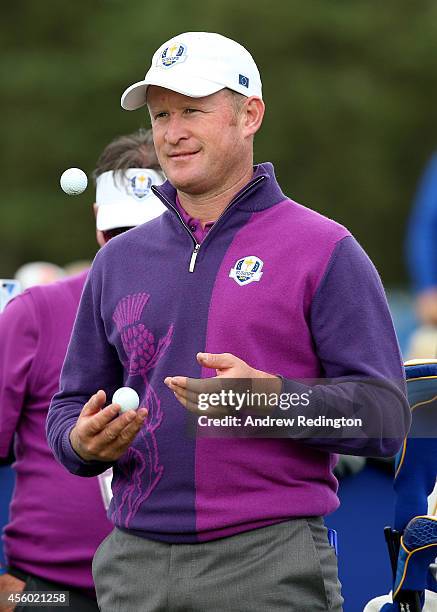 Jamie Donaldson of Europe looks on during practice ahead of the 2014 Ryder Cup on the PGA Centenary course at the Gleneagles Hotel on September 24,...
