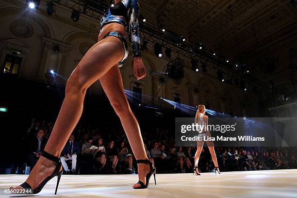 Models walk the runway at the Suboo show during MB Presents Australian Style show during Mercedes-Benz Fashion Festival Sydney at Sydney Town Hall on...