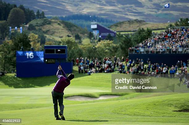 Graeme McDowell of Europe on the 16th hole during practice ahead of the 2014 Ryder Cup on the PGA Centenary course at the Gleneagles Hotel on...