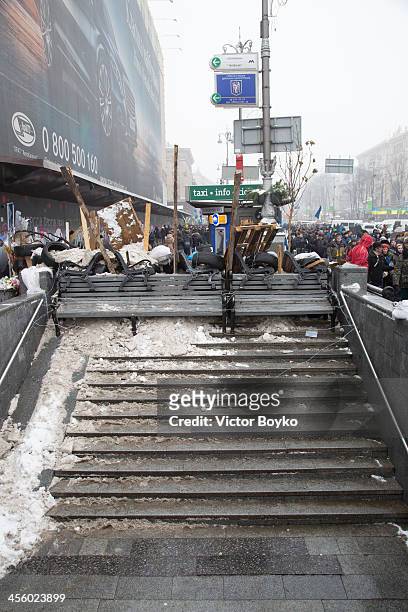Barricaded is created at a pedestrian underpass on Khreshchatyk Street near Maidan Square on December 12, 2013 in Kiev, Ukraine. Thousands have been...