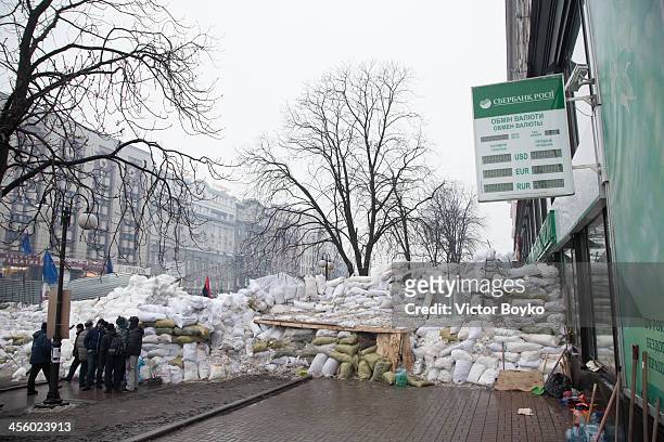 Barricade is built on Khreshchatyk street near Maidan Square on December 12, 2013 in Kiev, Ukraine. Thousands have been protesting against the...