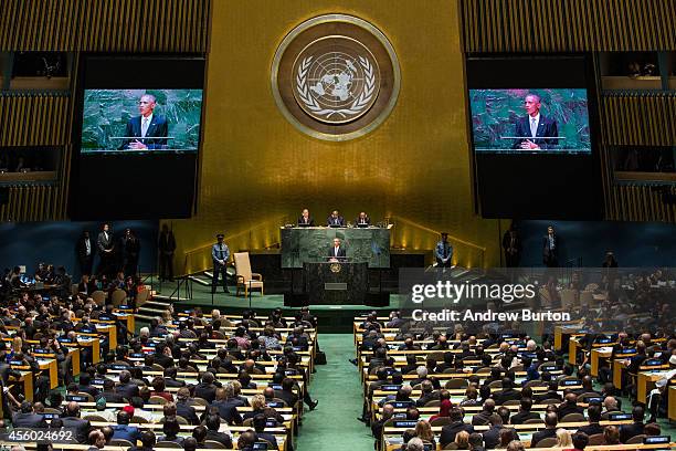 President Barack Obama speaks at the 69th United Nations General Assembly at United Nations Headquarters on September 24, 2014 in New York City. The...