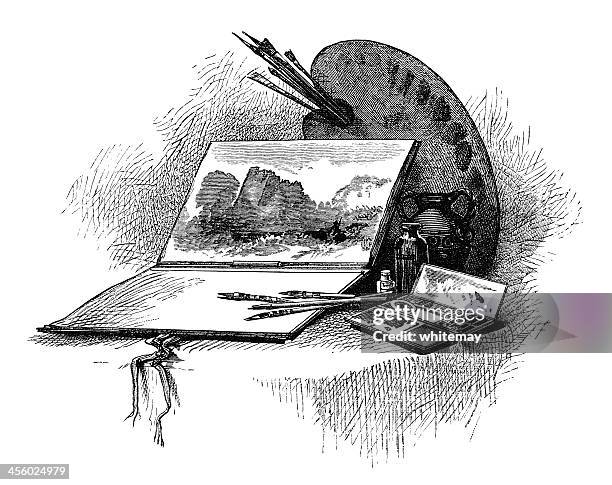 victorian engraving of artist's equipment - sketch pad stock illustrations