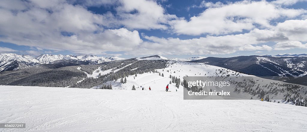 Skiing Slopes with Rocky Mountains in Background