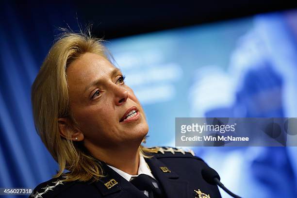 Washington DC Metropolitan Police Department Chief Cathy Lanier speaks during a press conference announcing a program where new "body-worn cameras"...