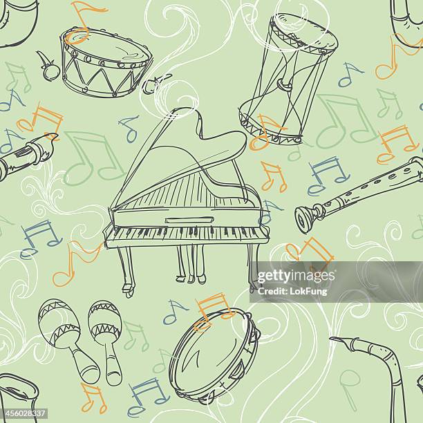 seamless background - musical instrument - flute player white background stock illustrations